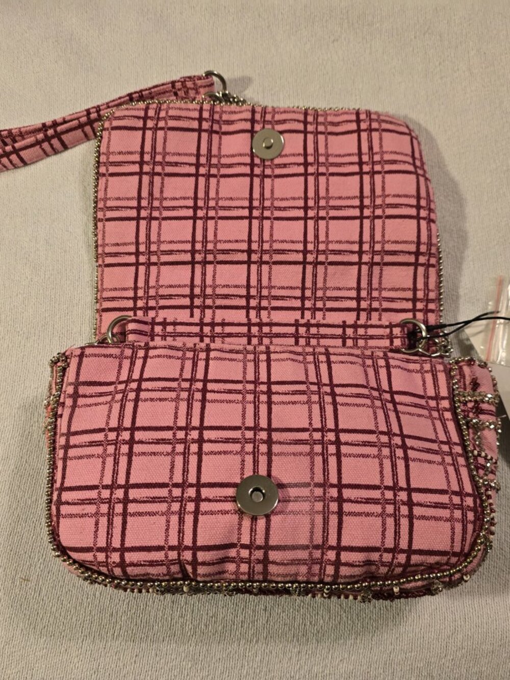 New Zara Pink Plaid Beaded Crossbody Bag With Chain Strap - Picture 4 of 16